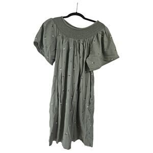 Old Navy Olive Green Embroidered Peasant Dress Smocked Pockets Boho Women's L